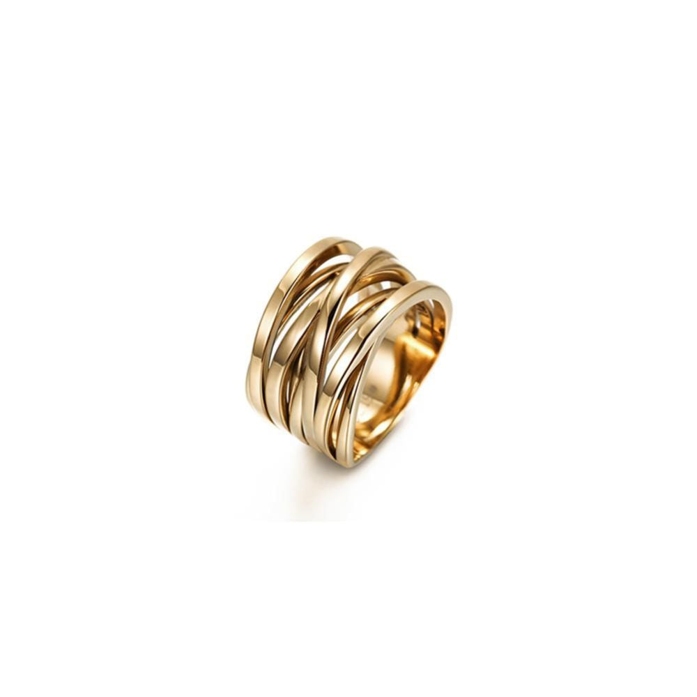 This dazzling ring flaunts gleaming bands of stainless steel, finished with 14kt gold PVD plating. Available sizes 5-11. 