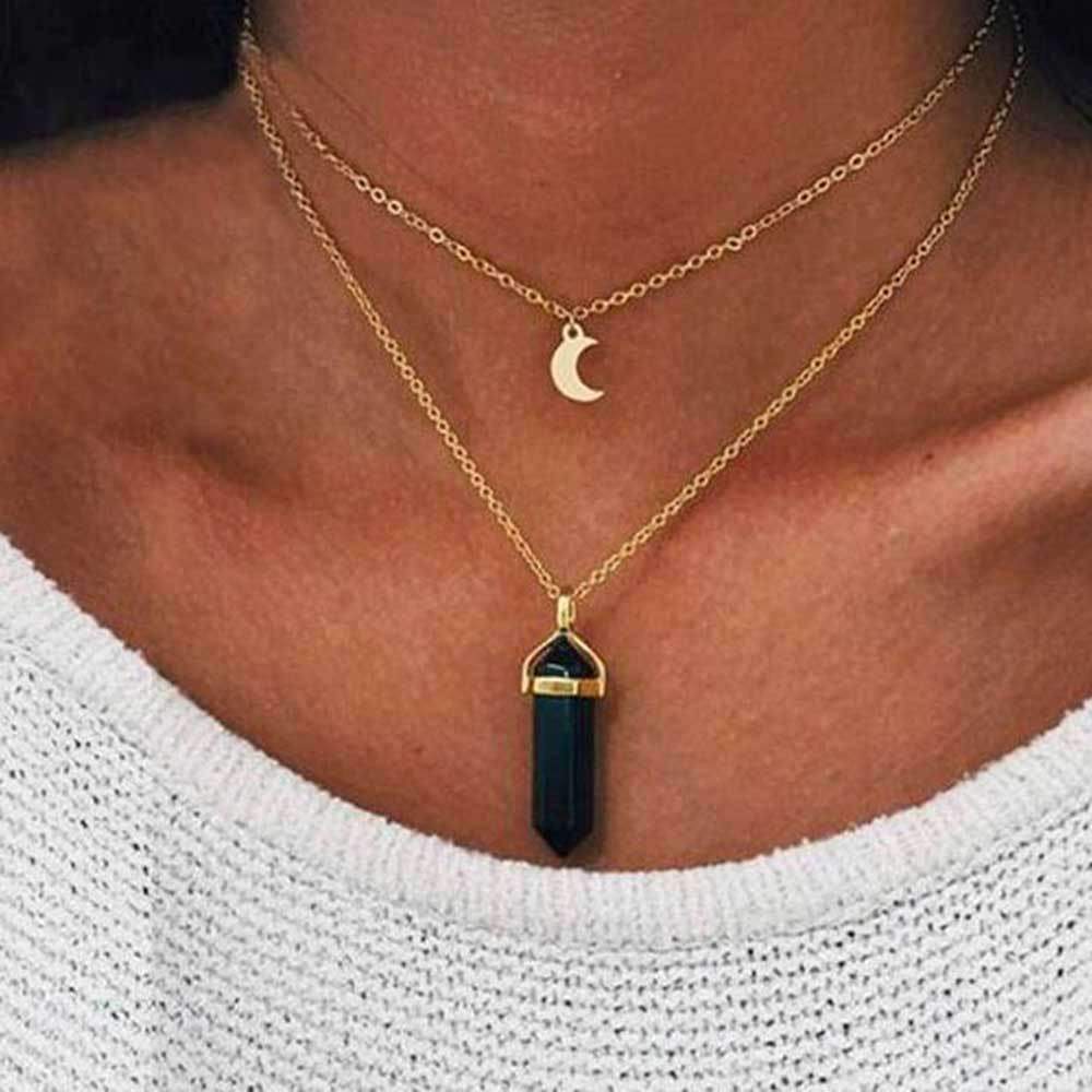 2 layer necklace crescent moon charm black agate stone charm